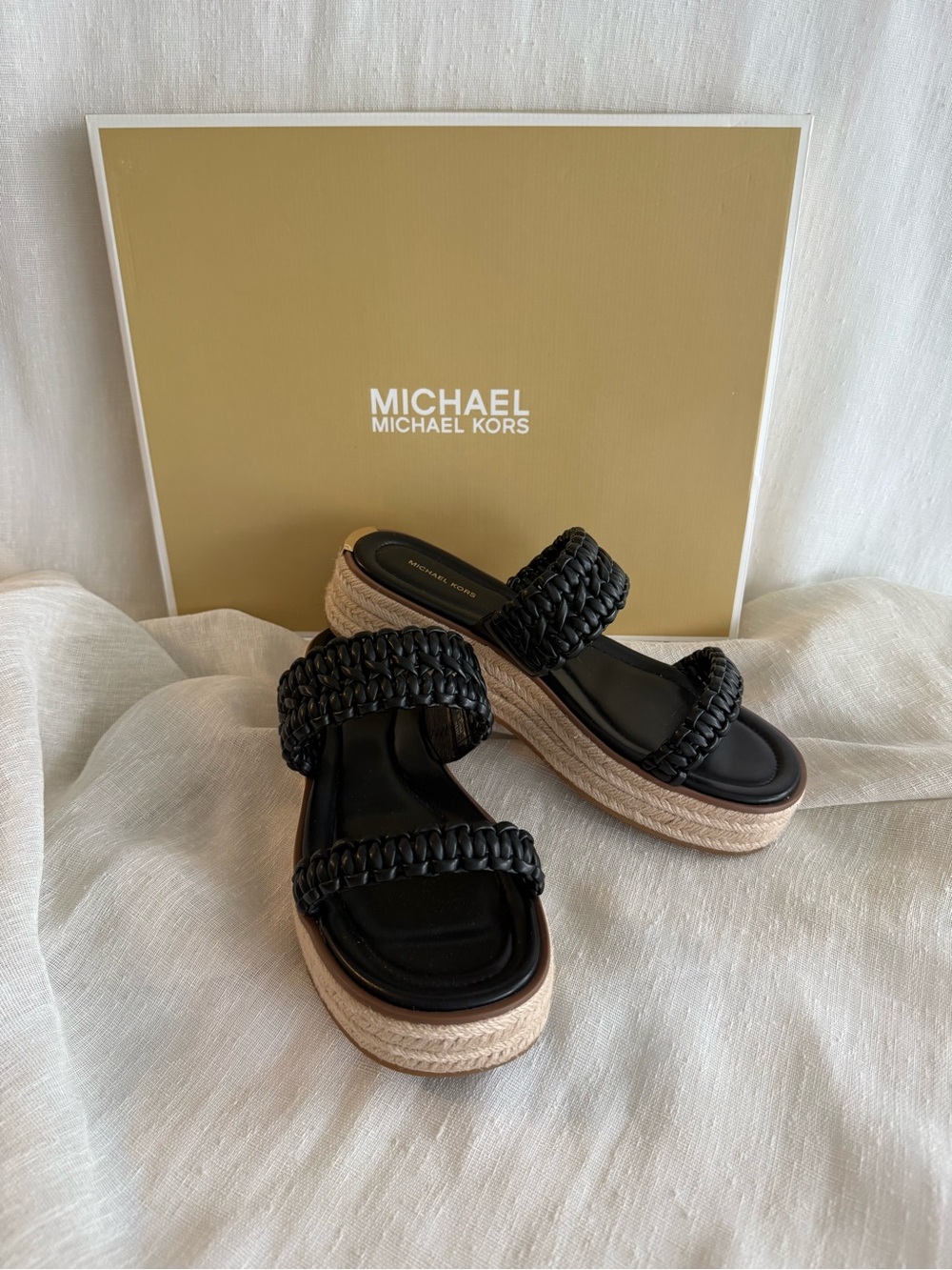 MICHAEL Michael Kors Audrina Black Braided Double-Strap Espadrille Sandals